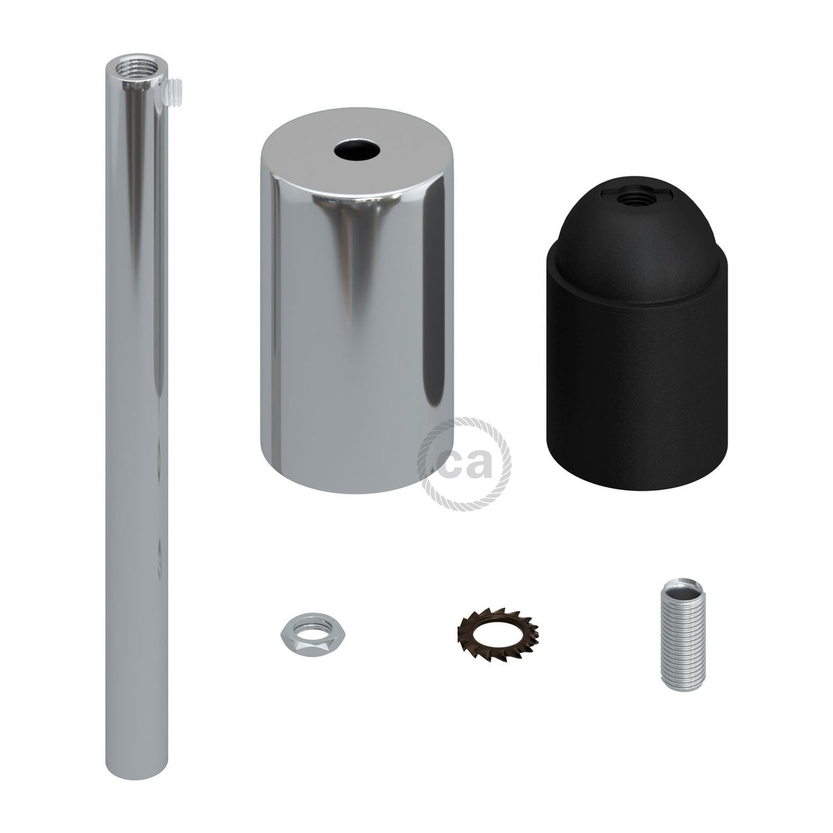 Zylindrisches E27-Fassungsset aus Metall mit 15 cm Zugentlastung – Chrom – Ansicht 2