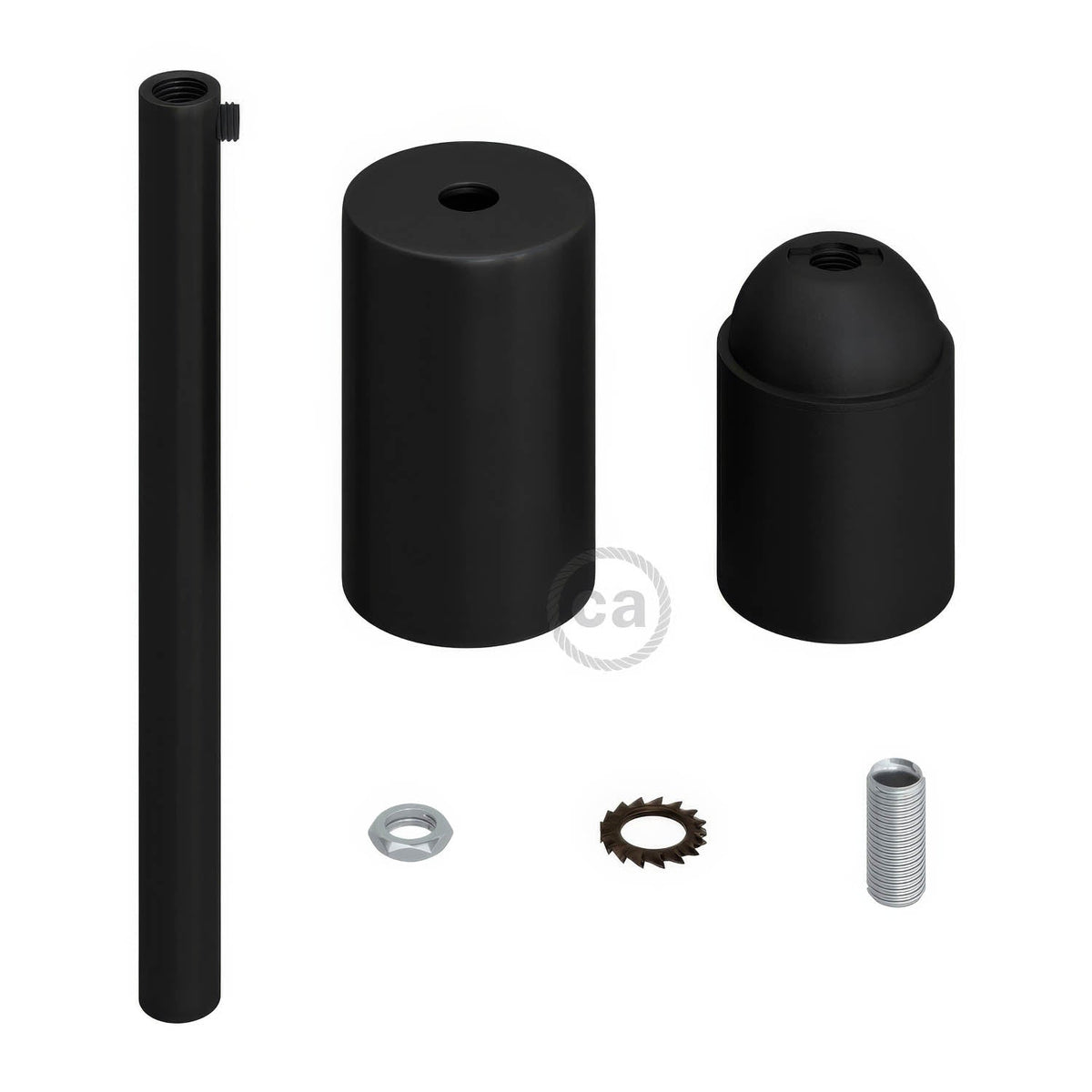 Kit zylindrische E27 Lampenfassung aus Metall mit 15 cm Kabelverschraubung – Schwarz – Ansicht 2