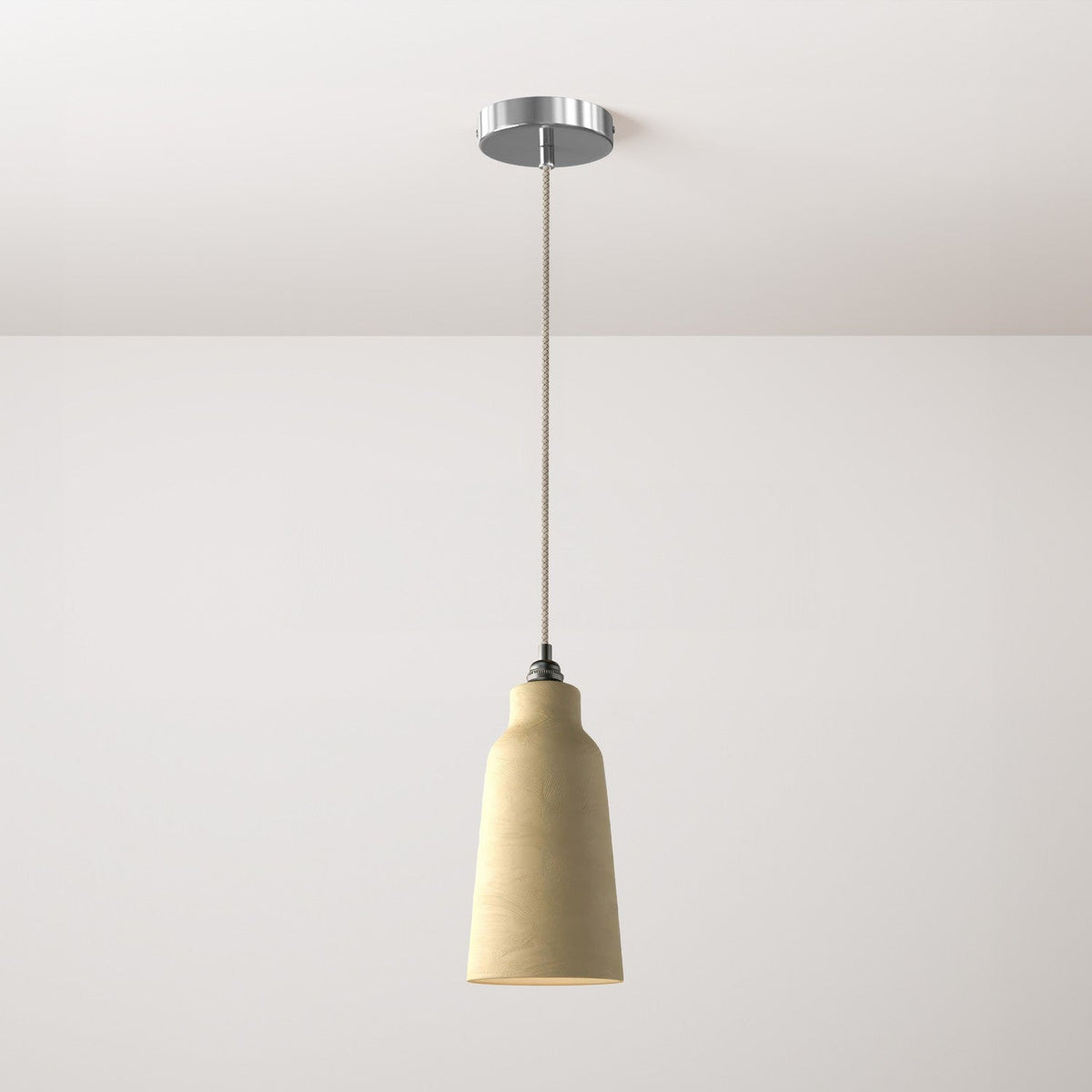 Komplette Pendellampe mit Stoffkabel, Flaschenschirm aus Keramik und Metallakzenten – Taupe gestreift
