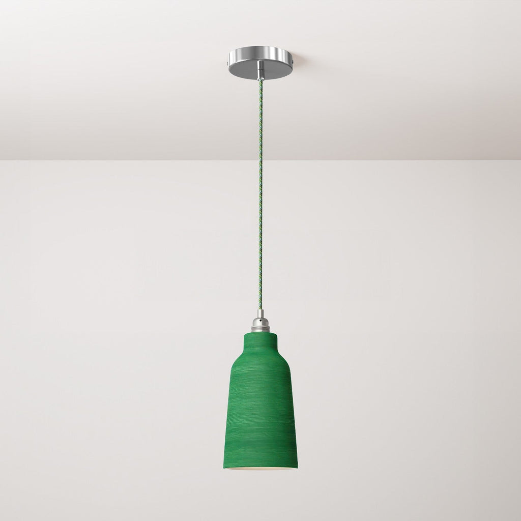 Komplette Pendelleuchte mit Textilkabel, Flaschenschirm aus Keramik und Metallakzenten – Evergreen gestreift