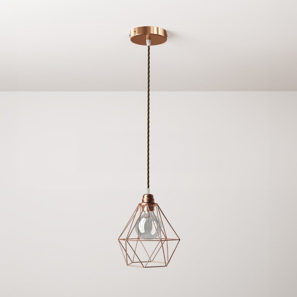 Komplette Pendelleuchte mit Textilkabel, Käfig-Lampenschirm Diamond und Metall-Details – Kupfer