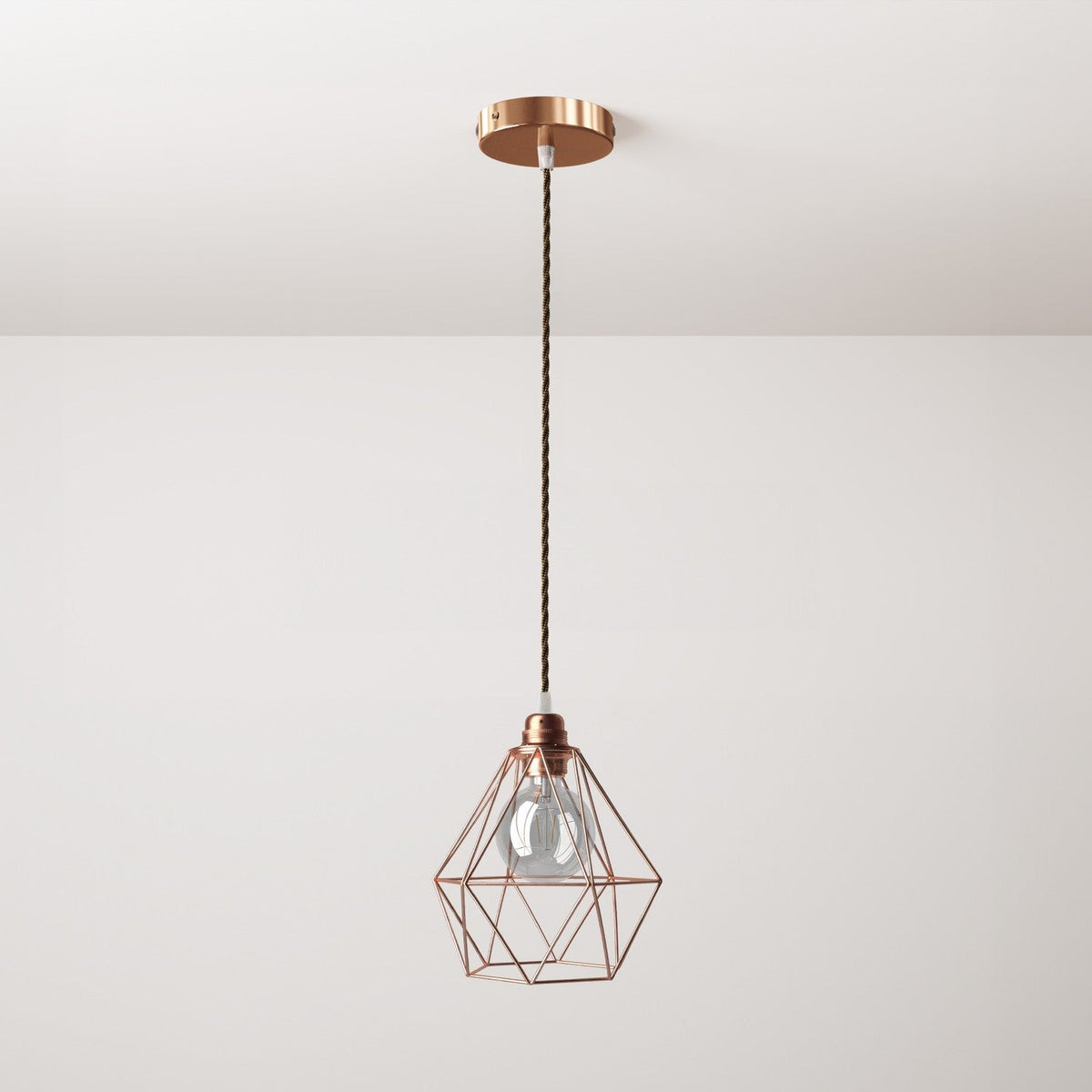Komplette Pendelleuchte mit Textilkabel, Käfig-Lampenschirm Diamond und Metall-Details – Kupfer