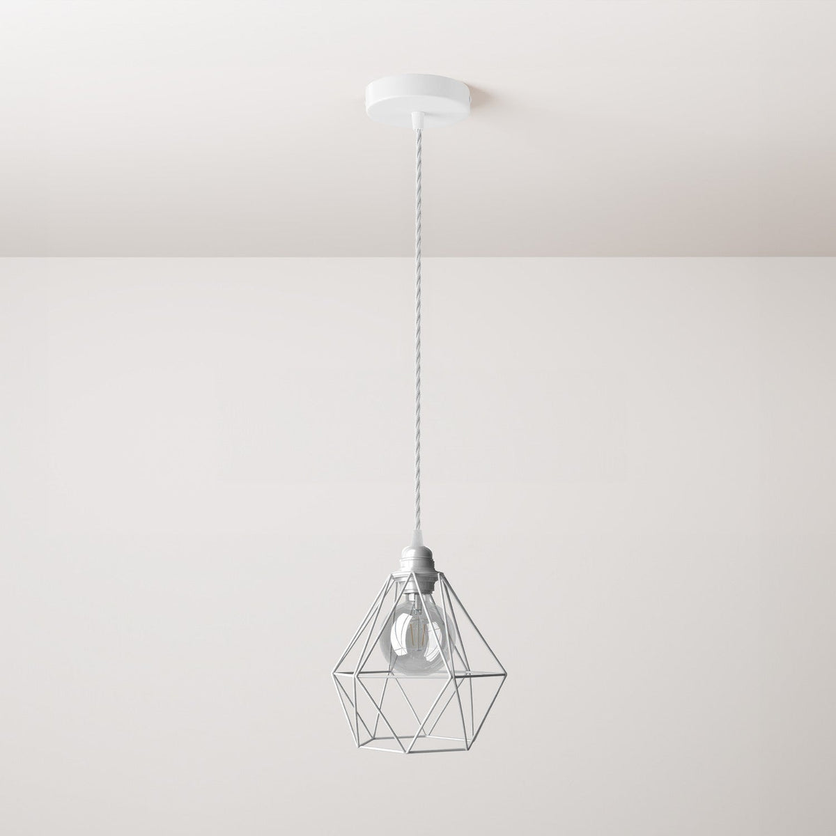 Pendelleuchte komplett mit Textilkabel, Diamond-Käfigschirm und Metall-Details – Weiß