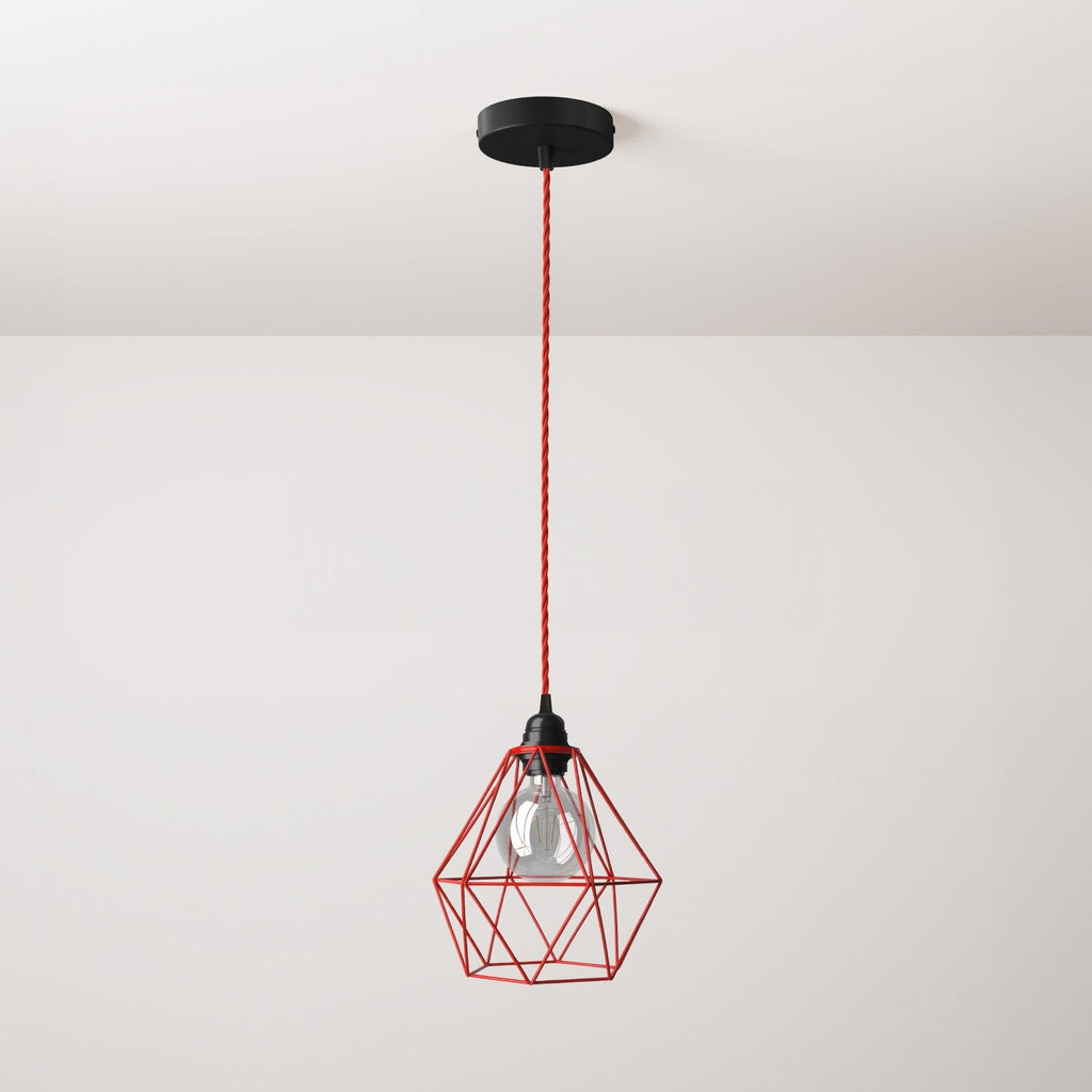 Pendelleuchte mit Textilkabel, Käfig-Schirm Diamond und Metall-Details – Rot