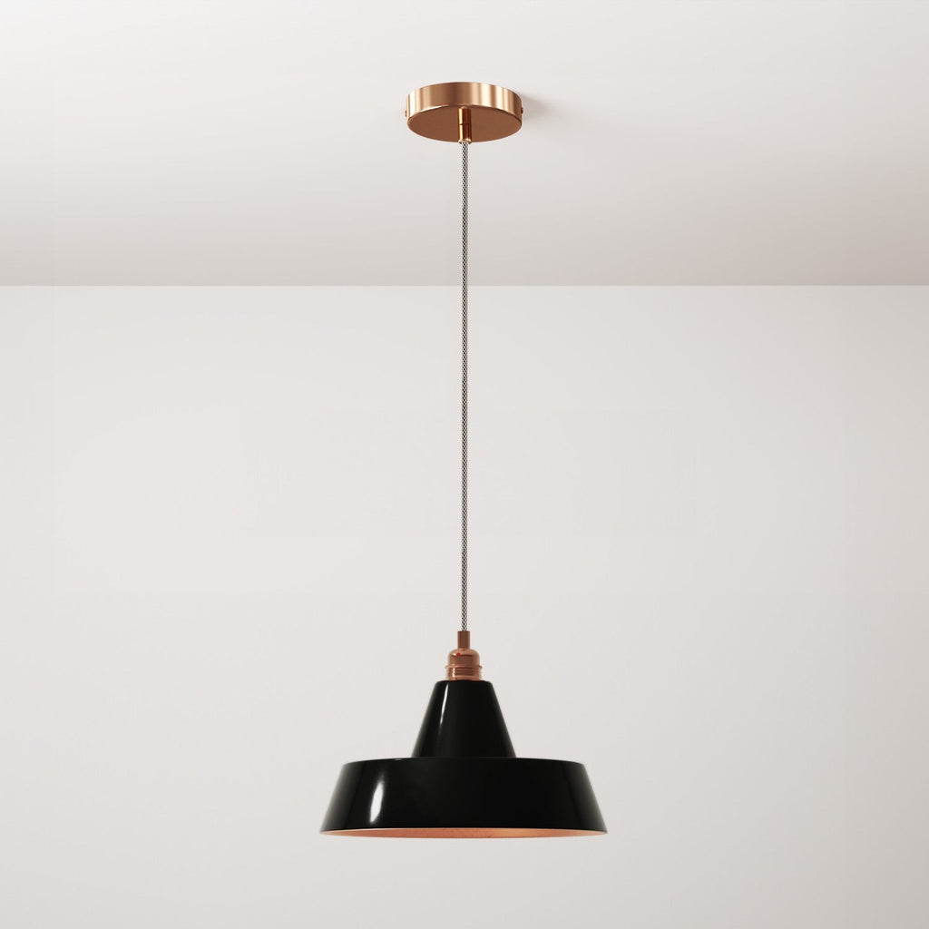 Pendelleuchte komplett mit Textilkabel, Keramikschirm Industrial und Metall-Details – Schwarz