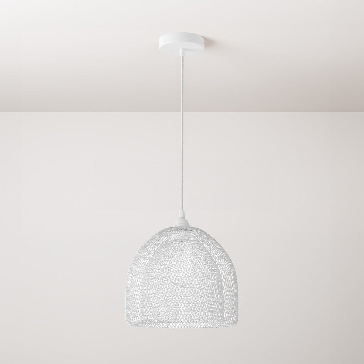 Pendelleuchte komplett mit Textilkabel, Ghostbell XL Gitter-Lampenschirm und Metalloberflächen – Weiß