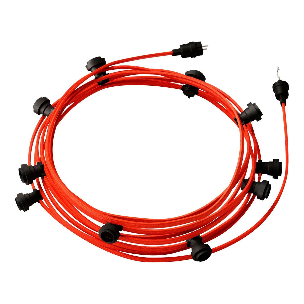 Lichterkette System Lumet, 12,5 m mit CF15-Textilkabel, 10 Fassungen, Haken und Stecker in Schwarz