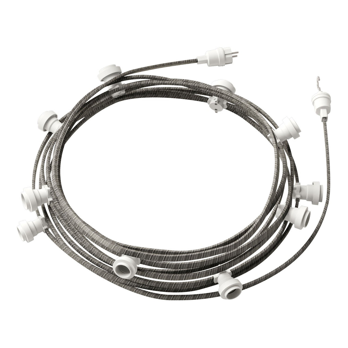 Lumet-Kettenlichtsystem 12,5 m mit Textilkabel ECC37, 10 Fassungen, Haken und weiße Stecker