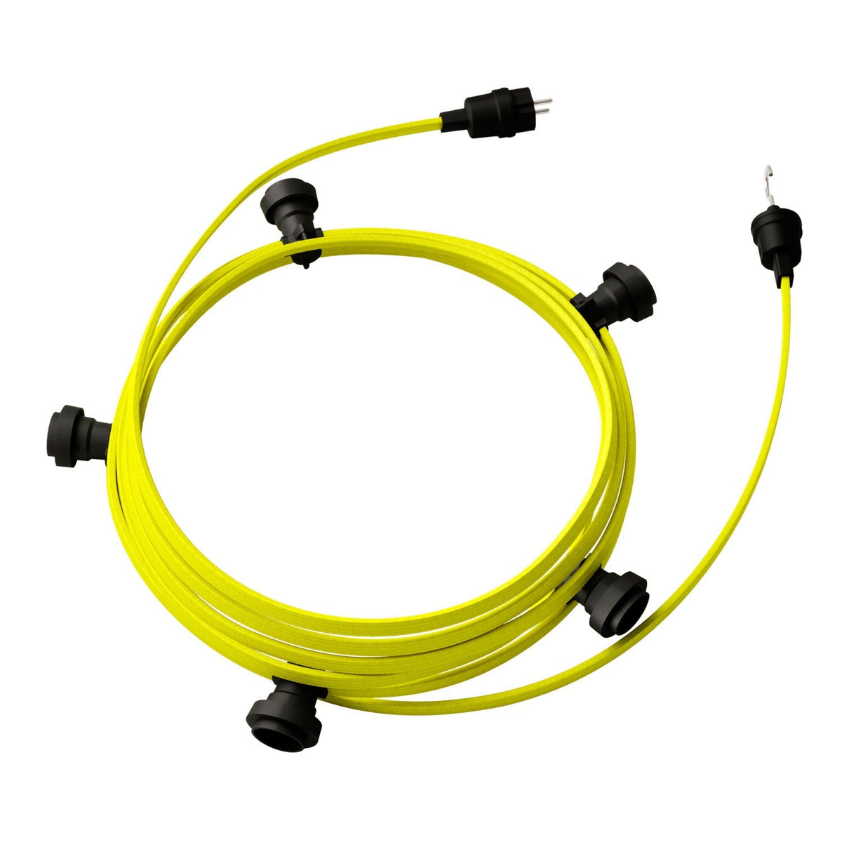 Kettenlicht Lumet-System und 7,5 m mit CF10-Stoffkabel, 5 Fassungen, Haken und schwarzen Stecker