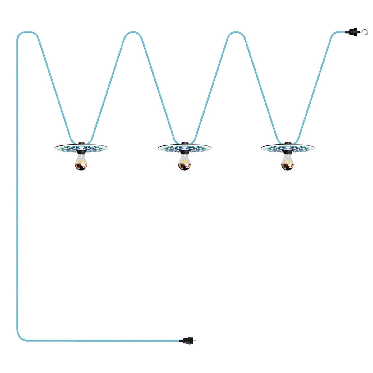 Lichterkette System Lumet 'Maioliche' 10 m mit Textilkabel, 3 Fassungen und blauen Schirmen, Haken und schwarzer Stecker