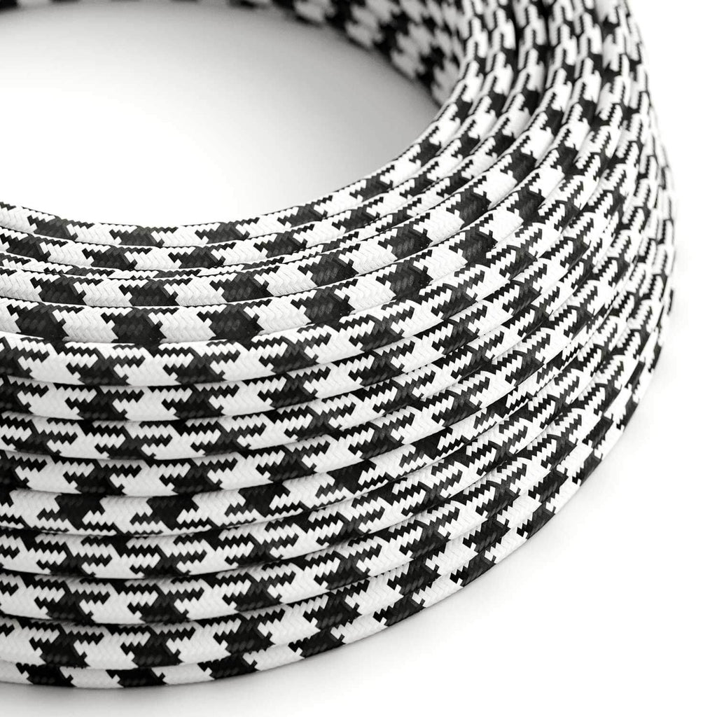 Farbkabel in Stoff Weiß Opal und Schwarz Carbon Pied de Poule glänzend