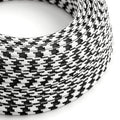 Farbkabel in Stoff Weiß Opal und Schwarz Carbon Pied de Poule glänzend