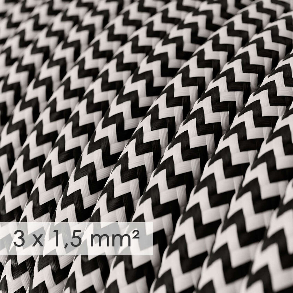 Elektrokabel mit großem Querschnitt 3x1,50 rund – Stoffummantelung Seideneffekt Schwarz Zickzack RZ04 – Ansicht 2
