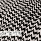 Elektrokabel mit großem Querschnitt 3x1,50 rund – Stoffummantelung Seideneffekt Schwarz Zickzack RZ04 – Ansicht 2