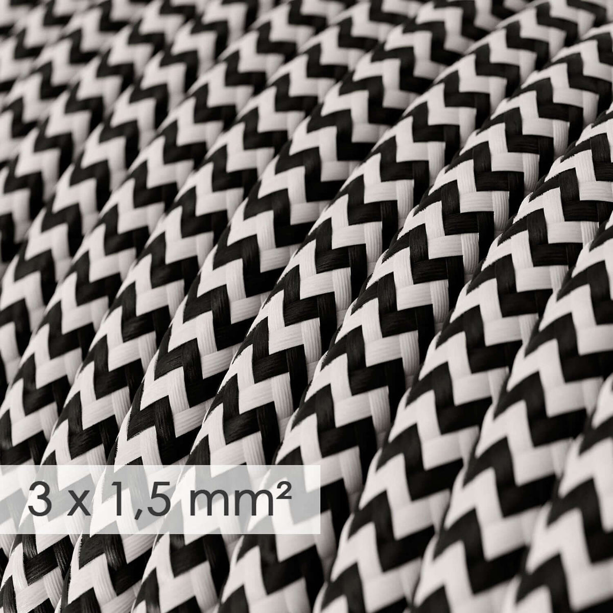 Elektrokabel mit großem Querschnitt 3x1,50 rund – Stoffummantelung Seideneffekt Schwarz Zickzack RZ04 – Ansicht 2