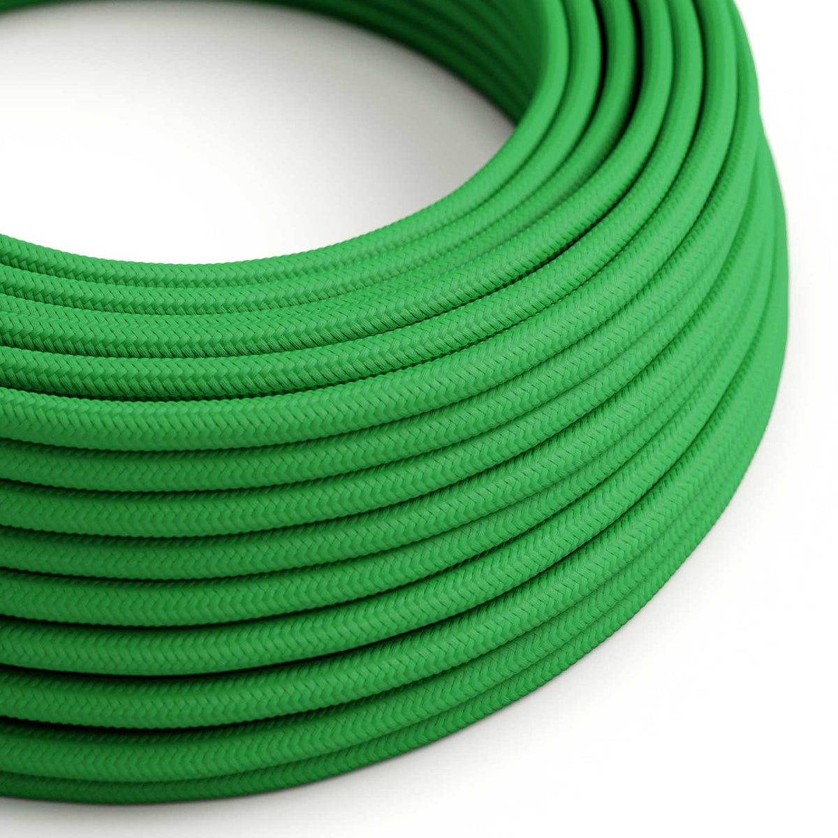 Elektrikkabel mit glänzendem, grasgrünem Textilmantel