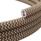 Textilkabel flach Leinen Corteccia und Beige Zickzack
