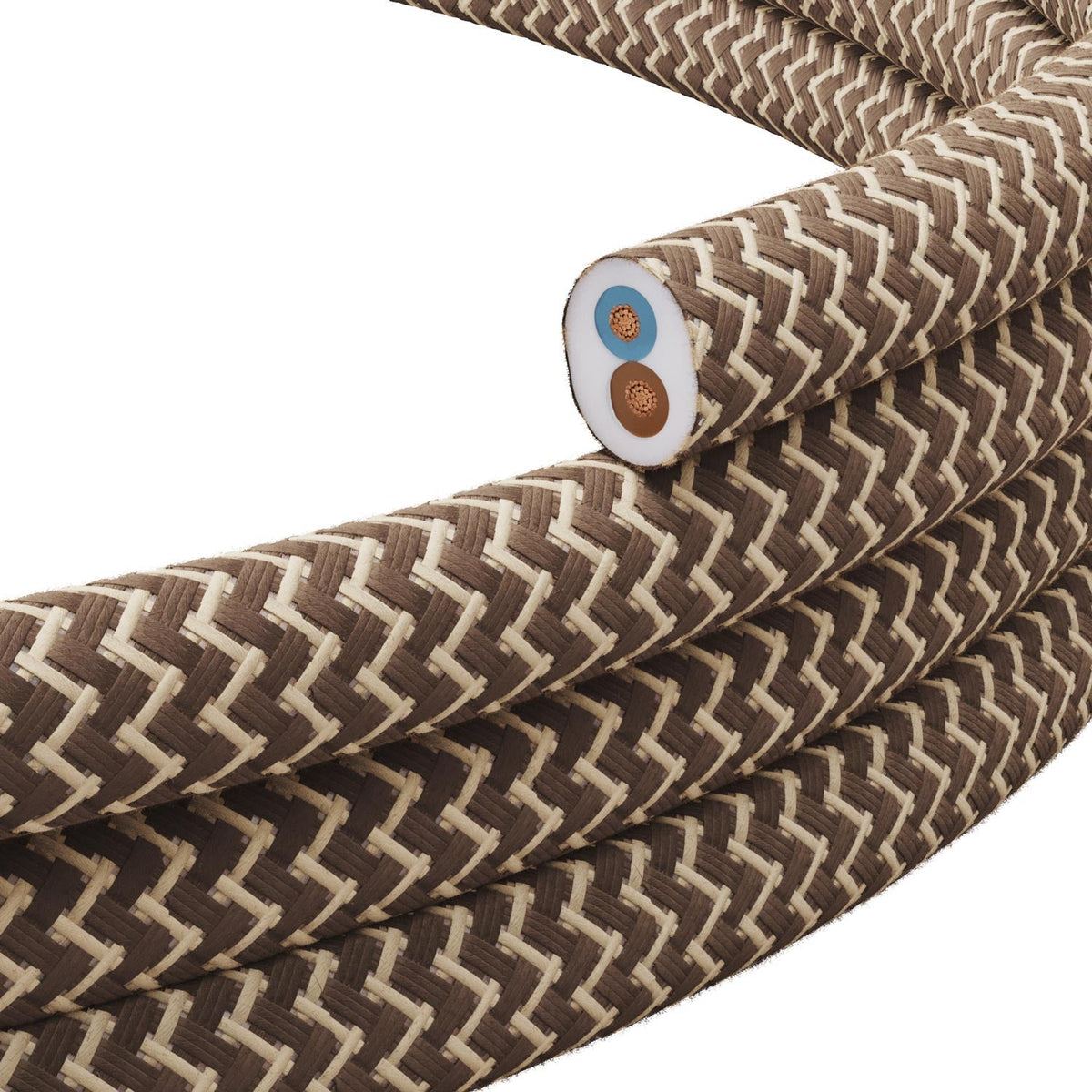 Textilkabel flach Leinen Corteccia und Beige Zickzack
