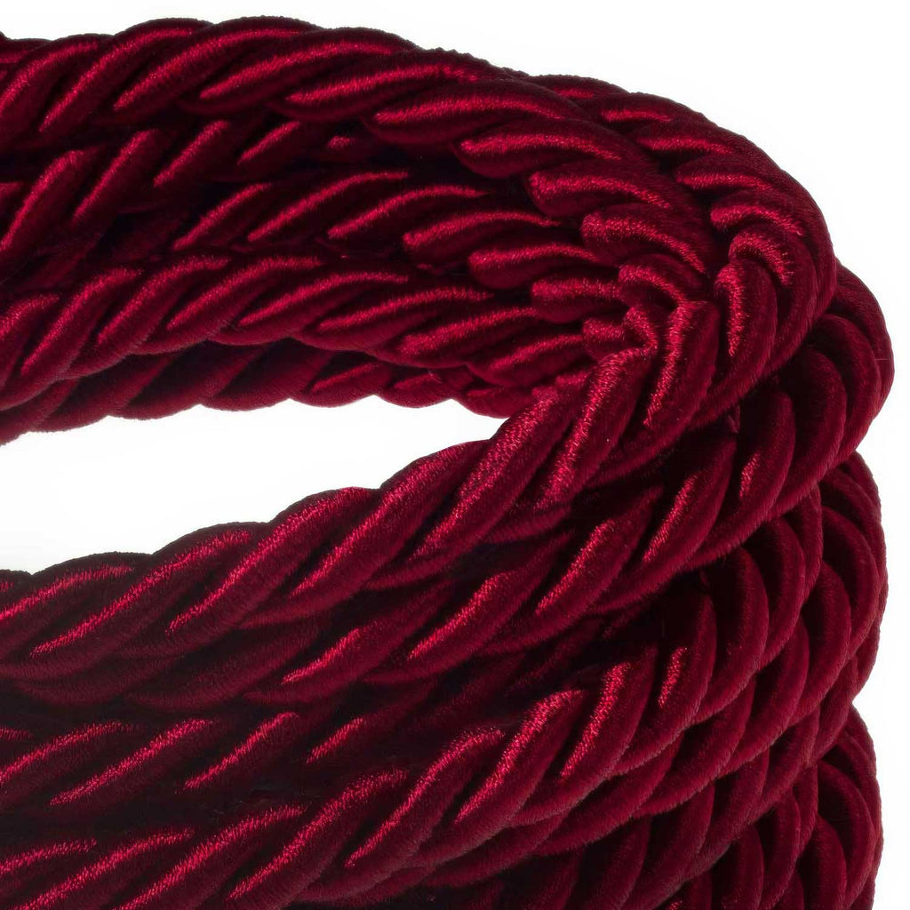 Elektrische Leitung 3x0,75 mit glänzendem, dunkel bordeauxrotem Stoff ummantelt – Ansicht 2