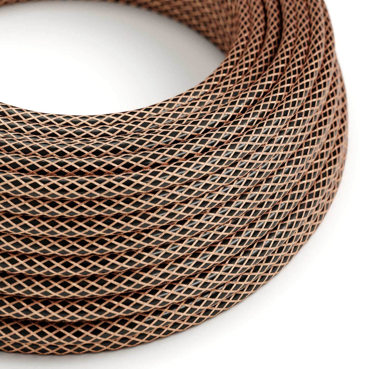 Textilkabel in Schwarz mit Kupfer-Geflecht – das originale Creative Cables-Kabel, ideal für freiliegende Designer-Installationen