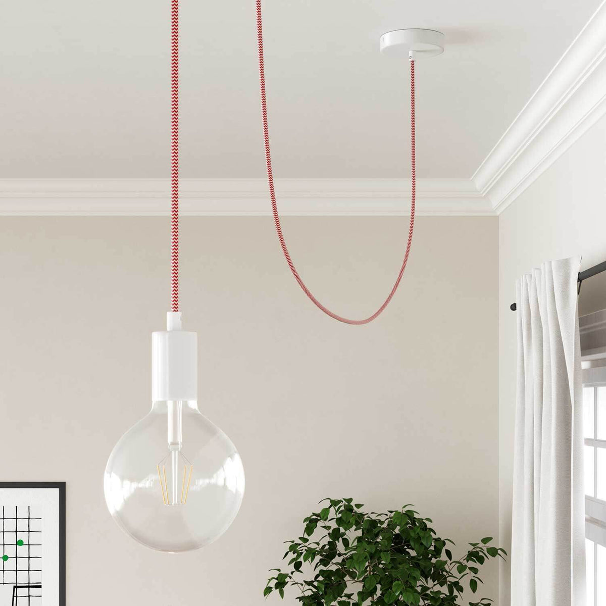 Elektrikkabel in Stoff Rot Feuer und Reinweiß ZigZag – Ansicht 4
