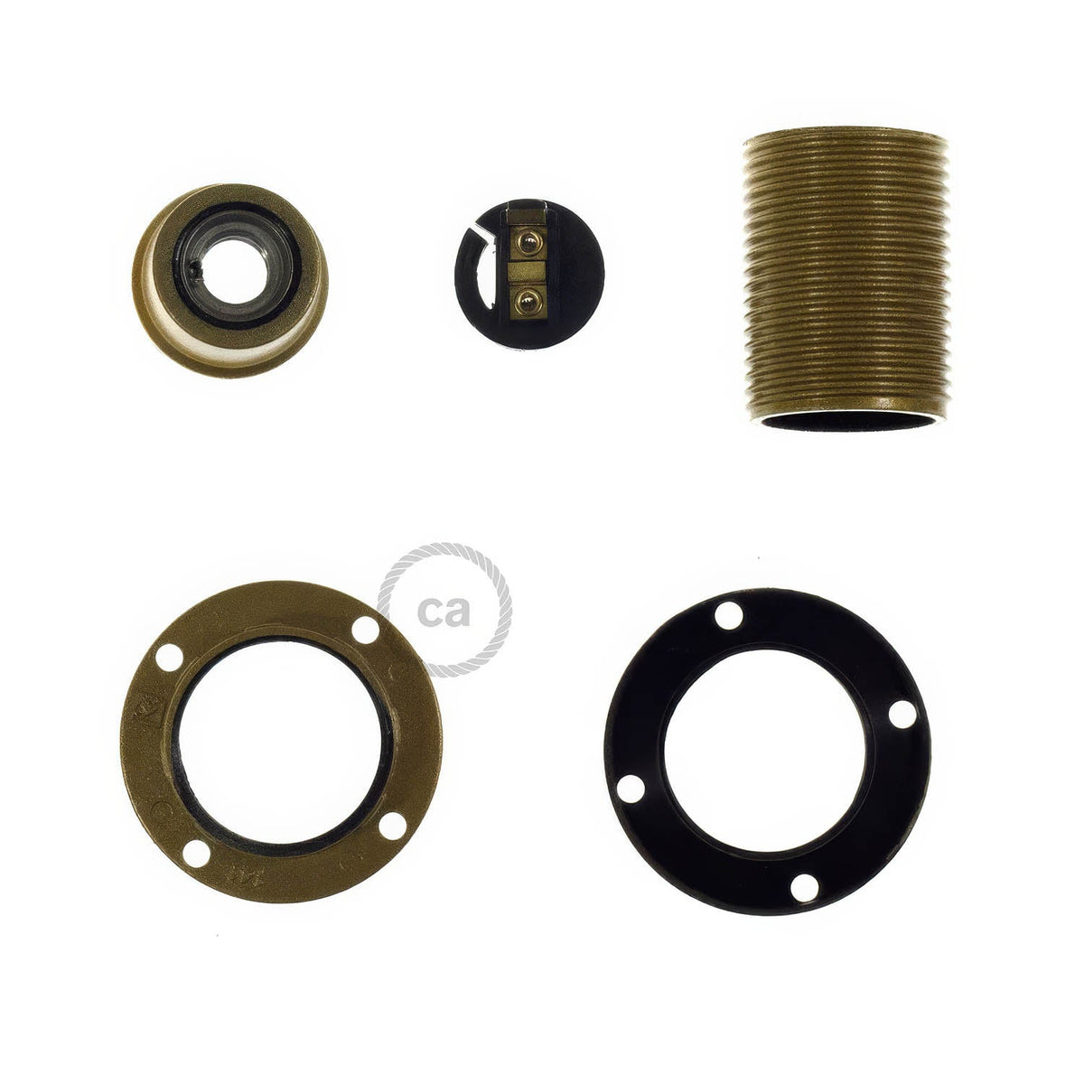 E14-Lampenfassung-Set aus Bakelit mit Doppelmutter für Lampenschirm – Gold – Ansicht 2