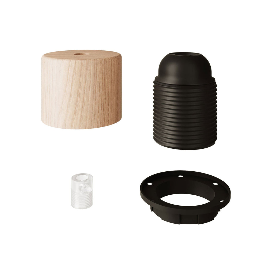 Zylindrisches Lampenfassungen-Kit E27 aus Holz mit Textilkabel-Zugentlastung für Lampenschirm – Neutral – Ansicht 2