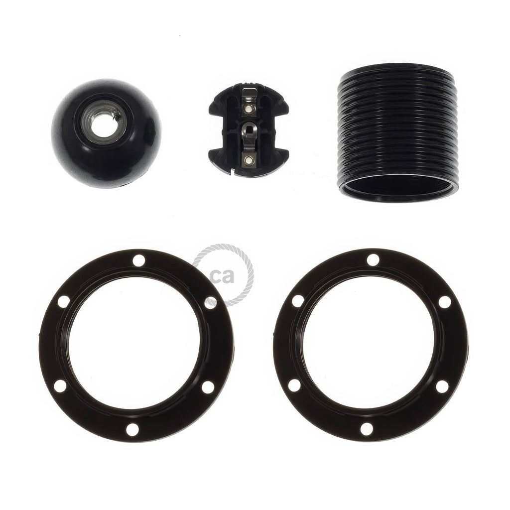E27 Lampenfassung Kit aus Bakelit mit Doppelmutter für Lampenschirm – Schwarz – Ansicht 2