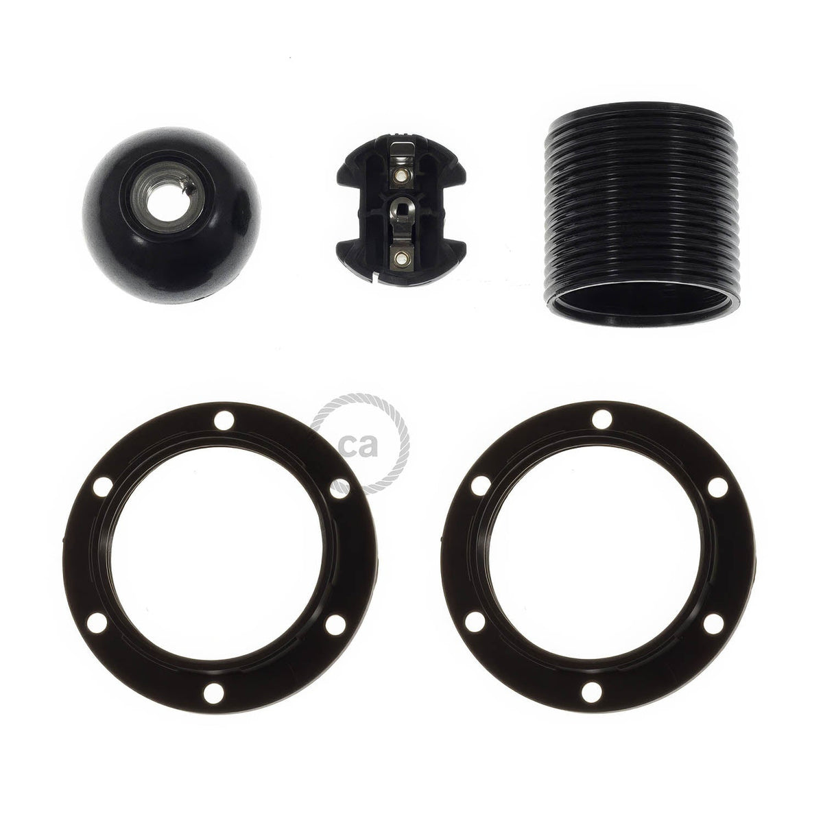 E27 Lampenfassung Kit aus Bakelit mit Doppelmutter für Lampenschirm – Schwarz – Ansicht 2