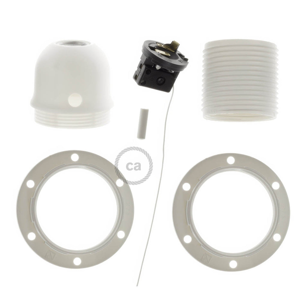 E27 Lampenfassungs-Kit aus Thermoplast mit Doppelring für Lampenschirm und Zugschalter – Weiß – Ansicht 2