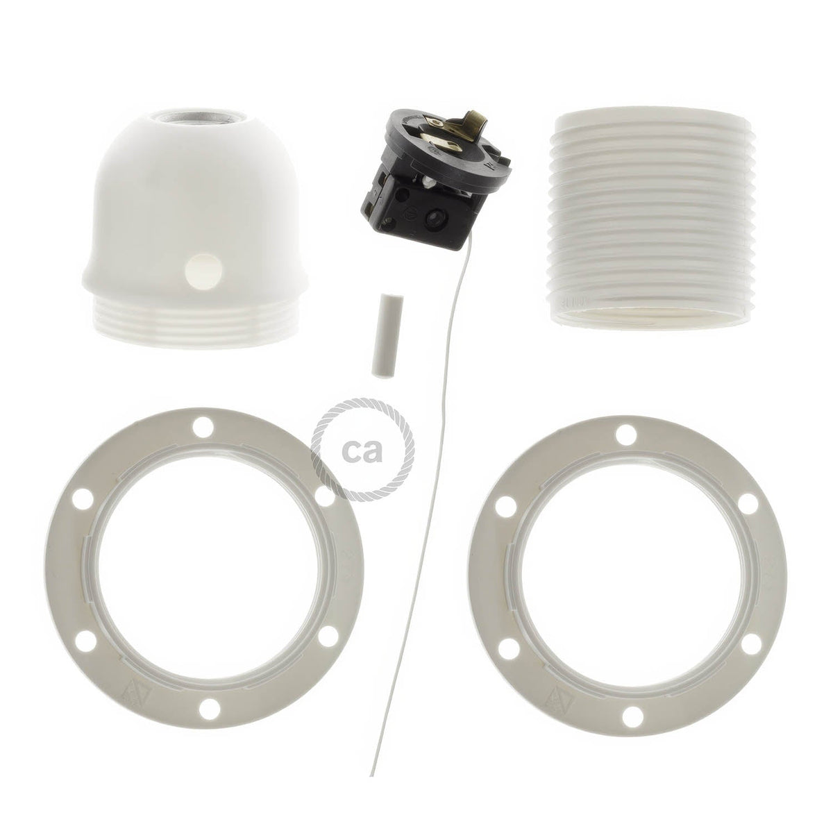 E27 Lampenfassungs-Kit aus Thermoplast mit Doppelring für Lampenschirm und Zugschalter – Weiß – Ansicht 2