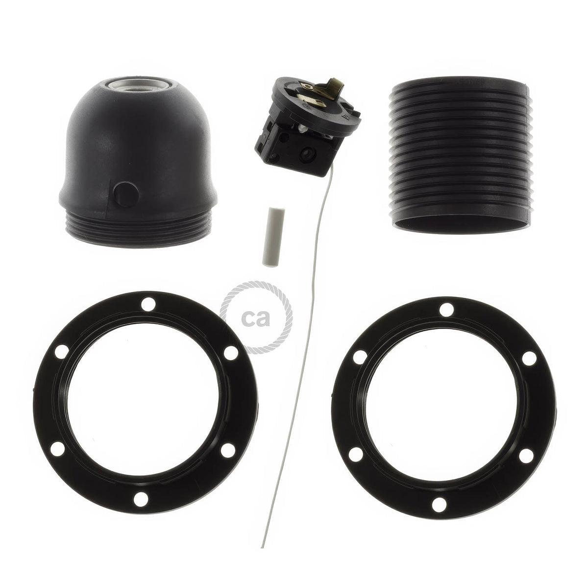 E27 Lampenhalter-Set aus Thermoplast mit Doppelmutter für Lampenschirm und Zugschalter – Schwarz – Ansicht 2