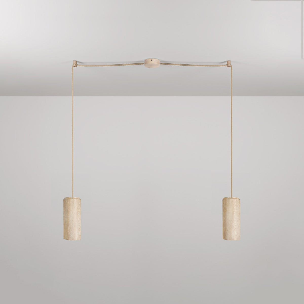 2-flammige Pendelleuchte mit Holzlampenschirmen für Tub-E27 Spots