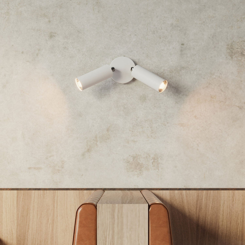 Lampe mit 2 Spots und Tub-E14-Lampenschirm, runder Baldachin – Mattweiß – Ansicht 3