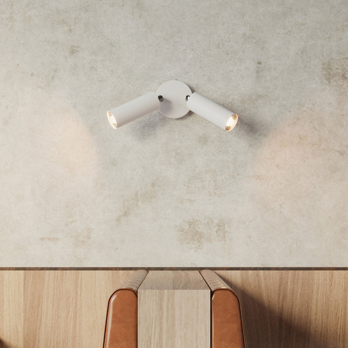 Lampe mit 2 Spots und Tub-E14-Lampenschirm, runder Baldachin – Mattweiß – Ansicht 3