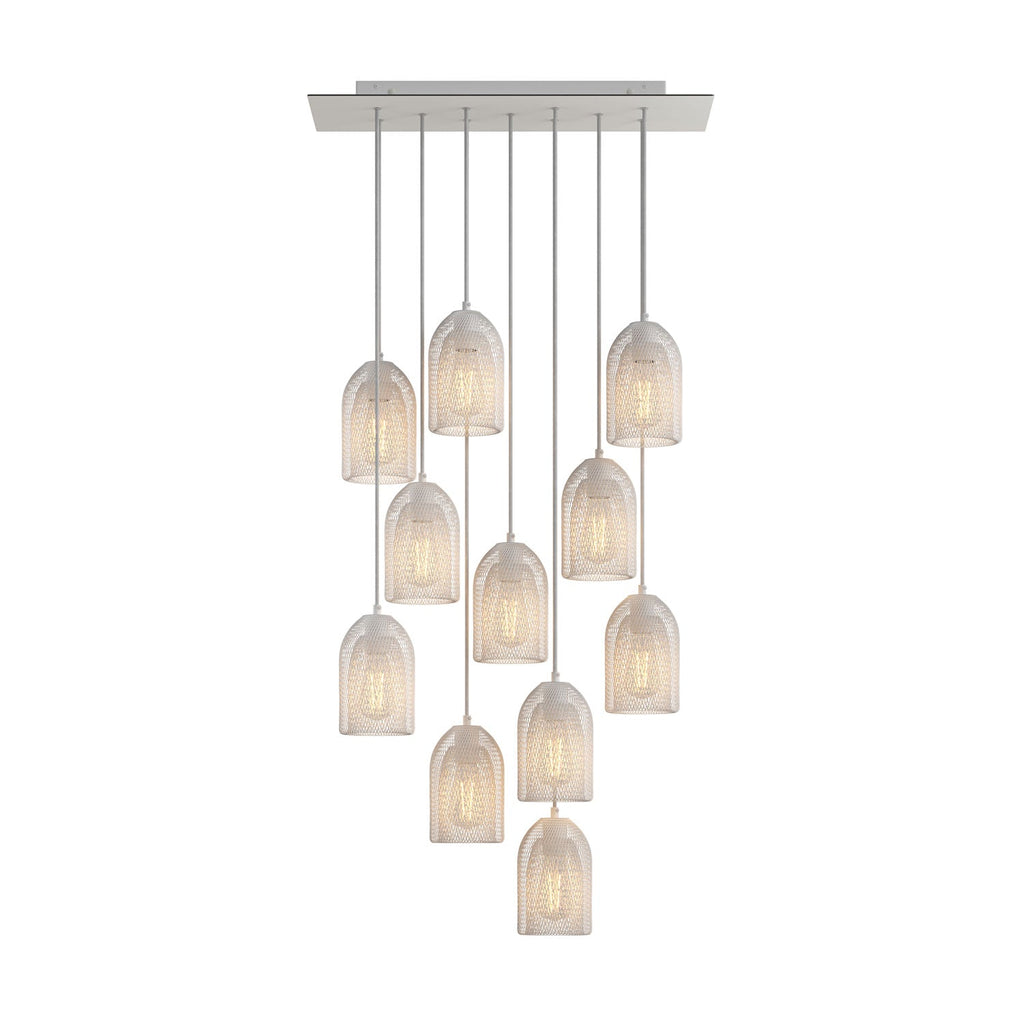 Pendelleuchte mit 11 Abhängungen mit XXL Rose-One Rechteck 675 mm und Ghostbell Metallschirm – Mattweiß