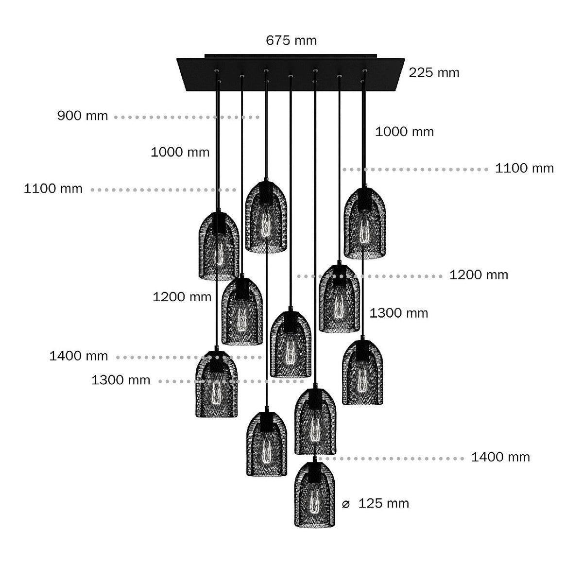 Pendelleuchte mit 11 Pendeln und XXL Rose-One Baldachin rechteckig 675 mm mit Ghostbell Metall-Lampenschirm – Mattschwarz – Ansicht 6