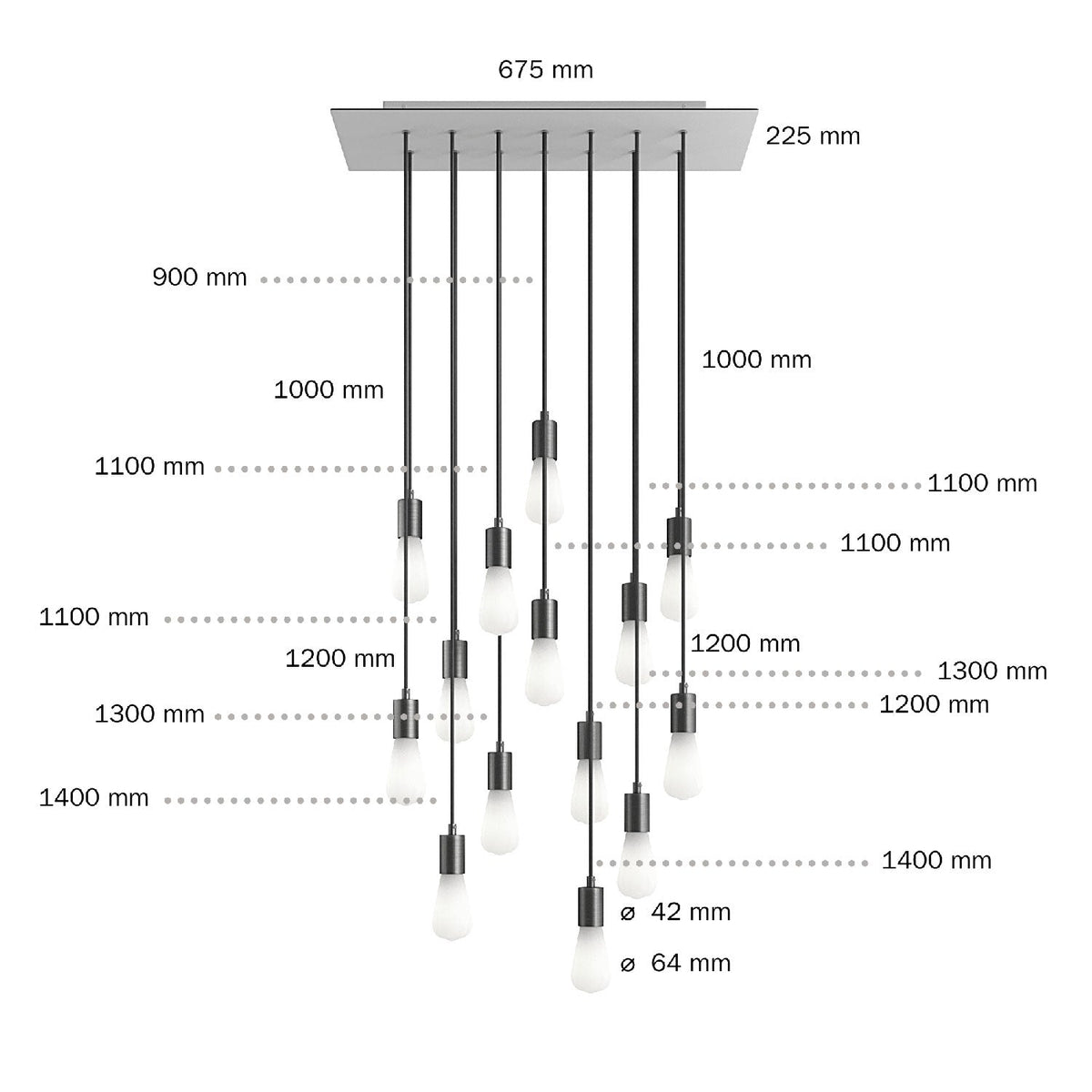 Pendelleuchte mit 14 Abhängungen mit XXL Rose-One Rechteck 675 mm mit Metall-Finish – Mattweiß – Ansicht 6