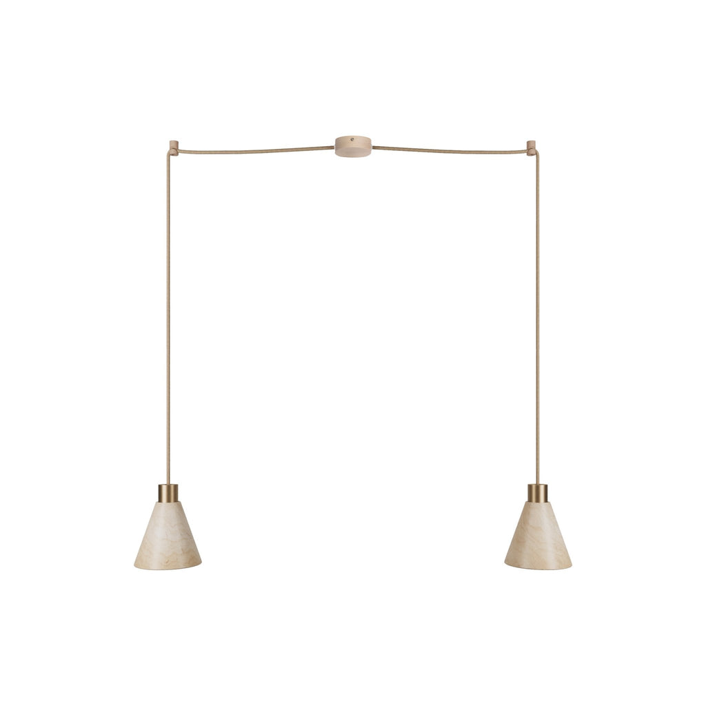 Pendelleuchte mit 2 Abhängungen und konischen Lampenschirmen aus Holz – Satin-Bronze