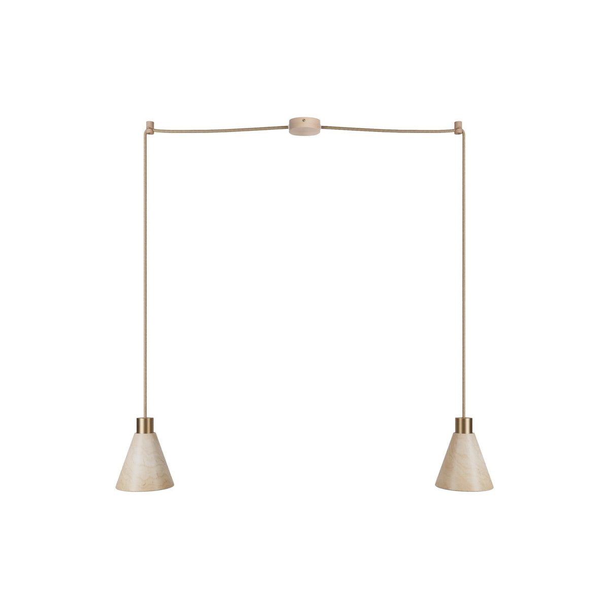 Pendelleuchte mit 2 Abhängungen und konischen Lampenschirmen aus Holz – Satin-Bronze