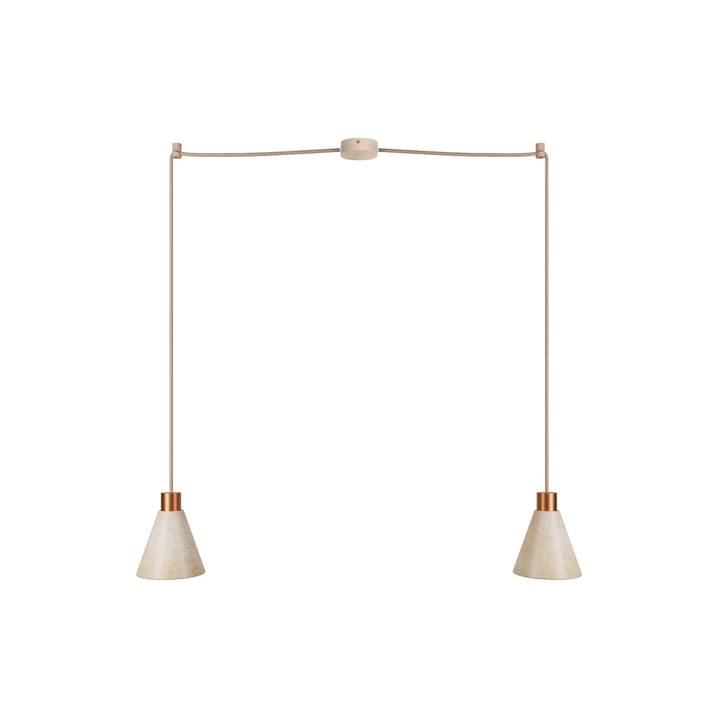 Pendelleuchte mit 2 Abhängungen und konischen Lampenschirmen aus Holz – Satin-Kupfer