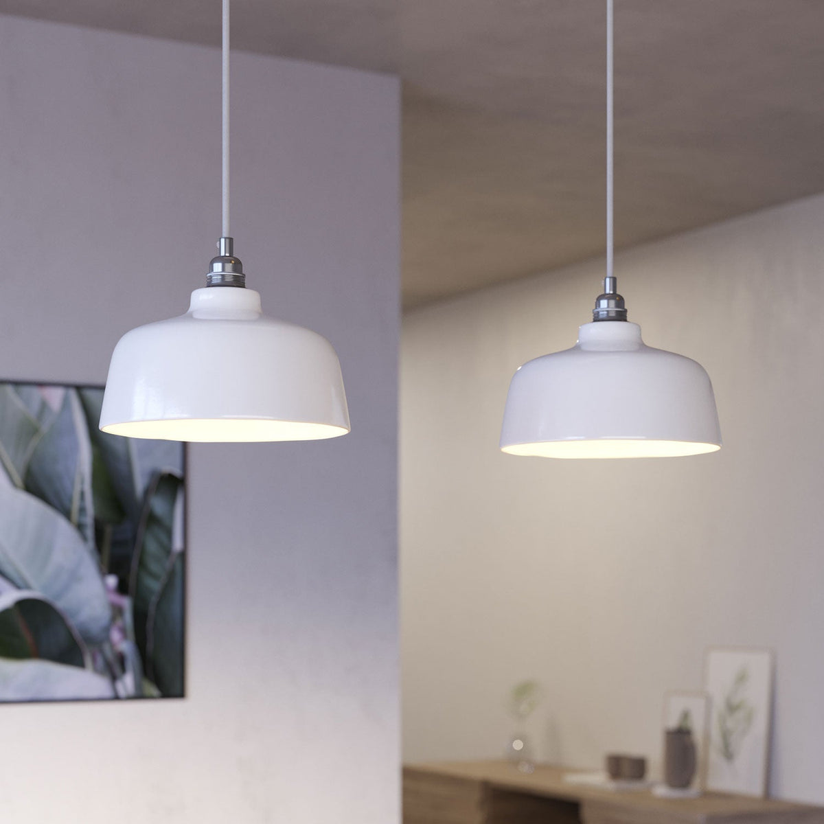Pendelleuchte mit 2 Abhängungen, rechteckigem XXL Rose-One Baldachin 675 mm und Schirm Coppa – Mattweiß – Ansicht 3