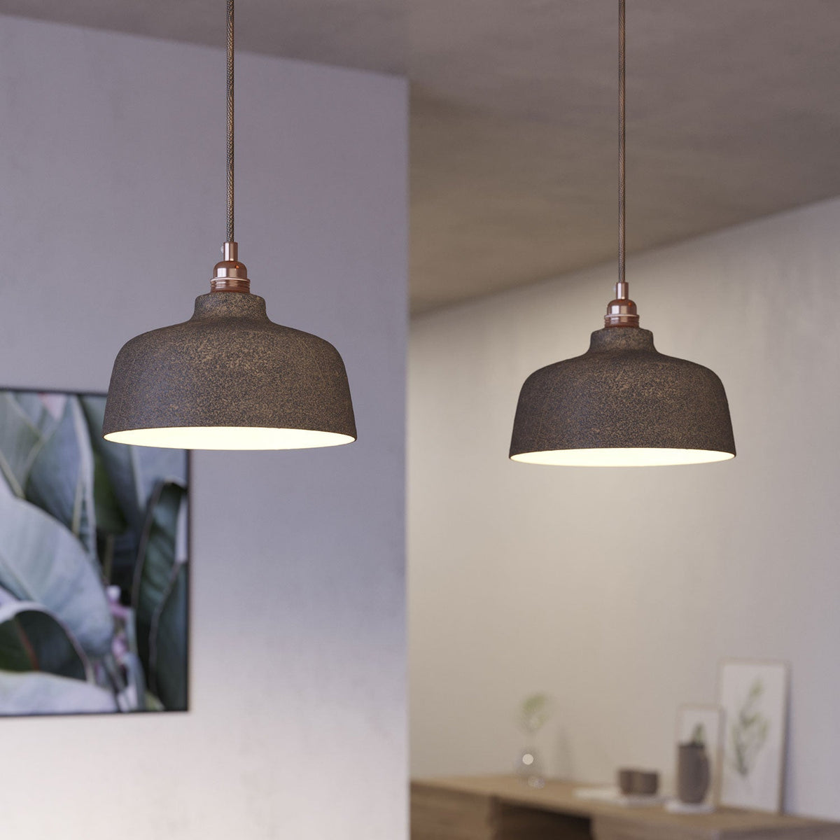 Pendelleuchte mit 2 Abhängungen und XXL Rose-One rechteckig 675 mm mit Schirm Coppa – Satiniertes Kupfer – Ansicht 3