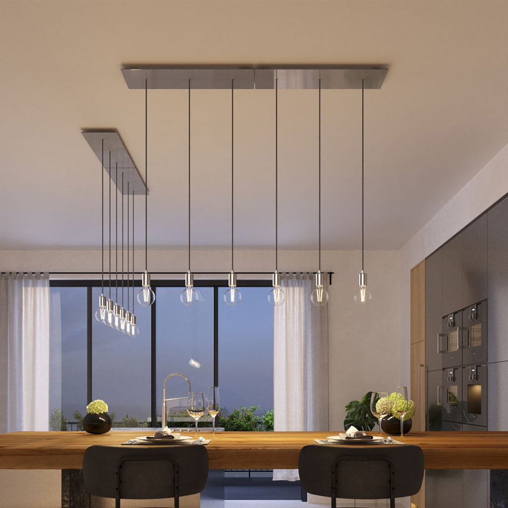 Pendelleuchte mit 3 Abgängen und XXL Rose-One Rechteckbaldachin 675 mm mit Metallfinish – Satinstahl – Ansicht 2