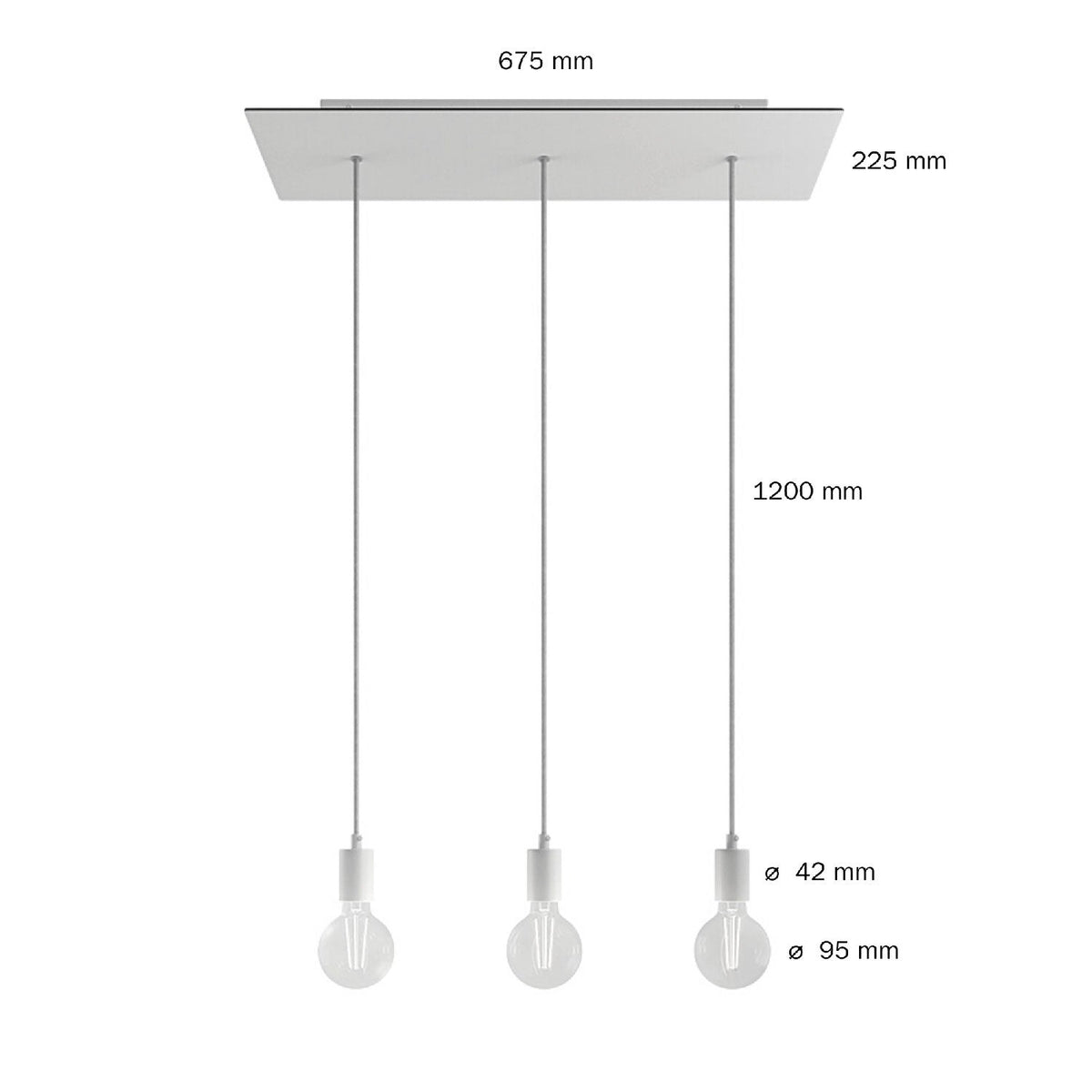 Pendelleuchte mit 3 Abgängen und XXL Rose-One Rechteckbaldachin 675 mm mit Metallfinish – Satinstahl – Ansicht 6