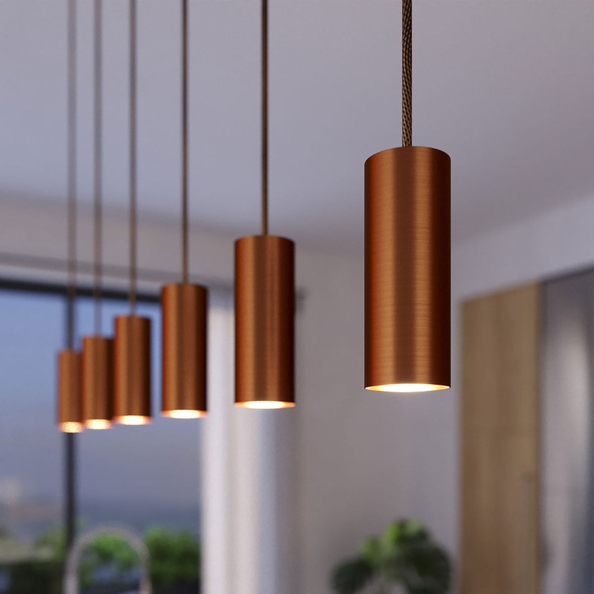 Pendelleuchte mit 3 Abhängungen, XXL Rose-One rechteckig 675 mm mit Tub-E14 Metallschirm – Satin Kupfer – Ansicht 3