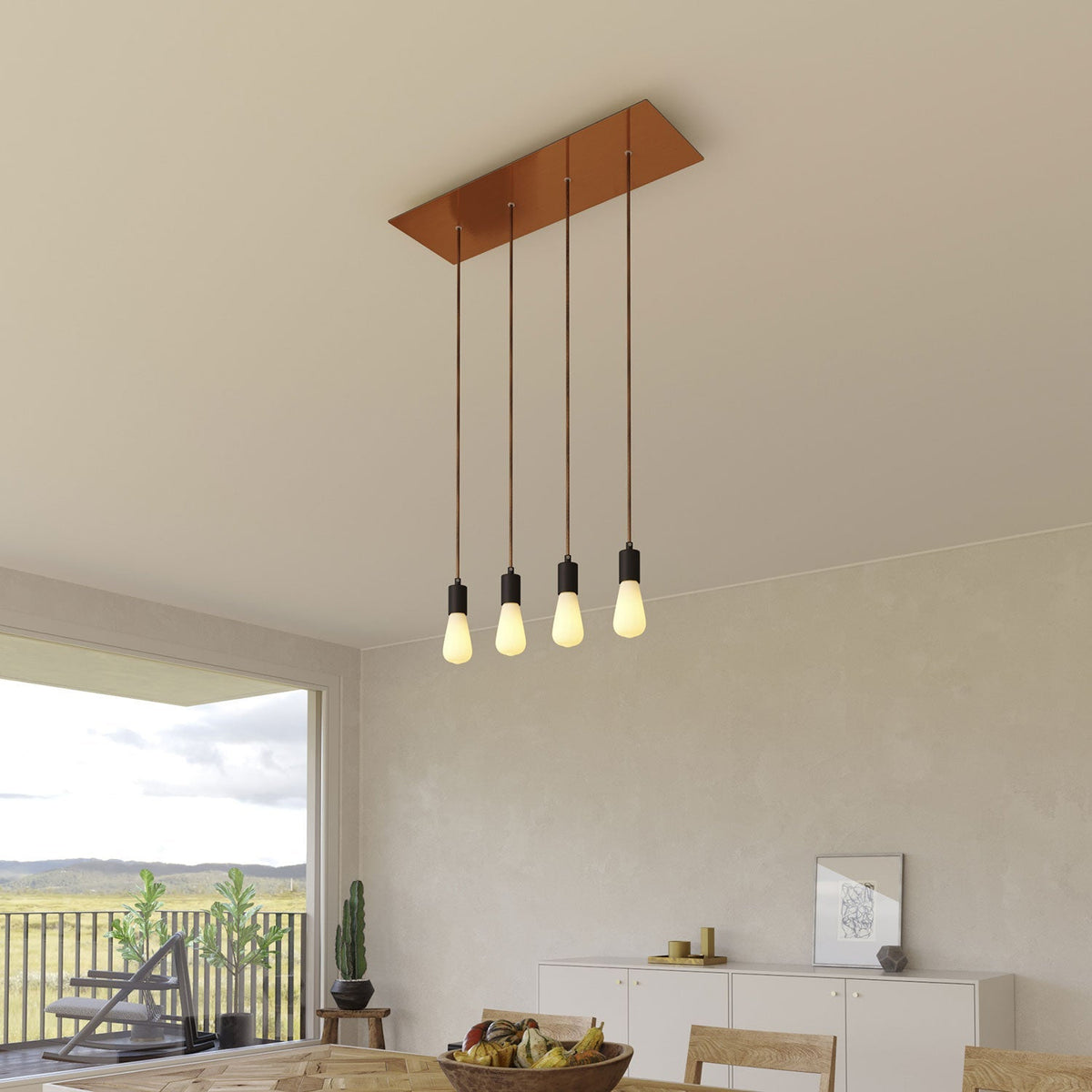 Pendelleuchte mit 4 Abhängungen und XXL Rose-One rechteckig 675 mm, Metall-Details – Satiniertes Kupfer – Ansicht 2