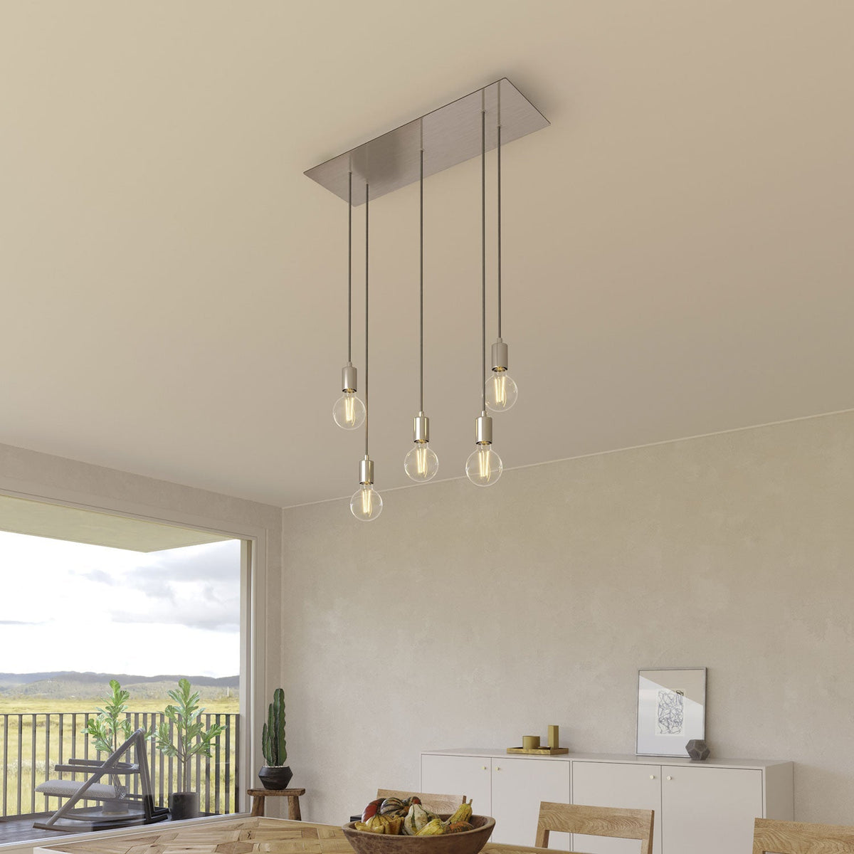 Pendelleuchte mit 5 Abhängungen mit XXL Rose-One rechteckig 675 mm mit Metalloberflächen – Satinierter Stahl – Ansicht 2