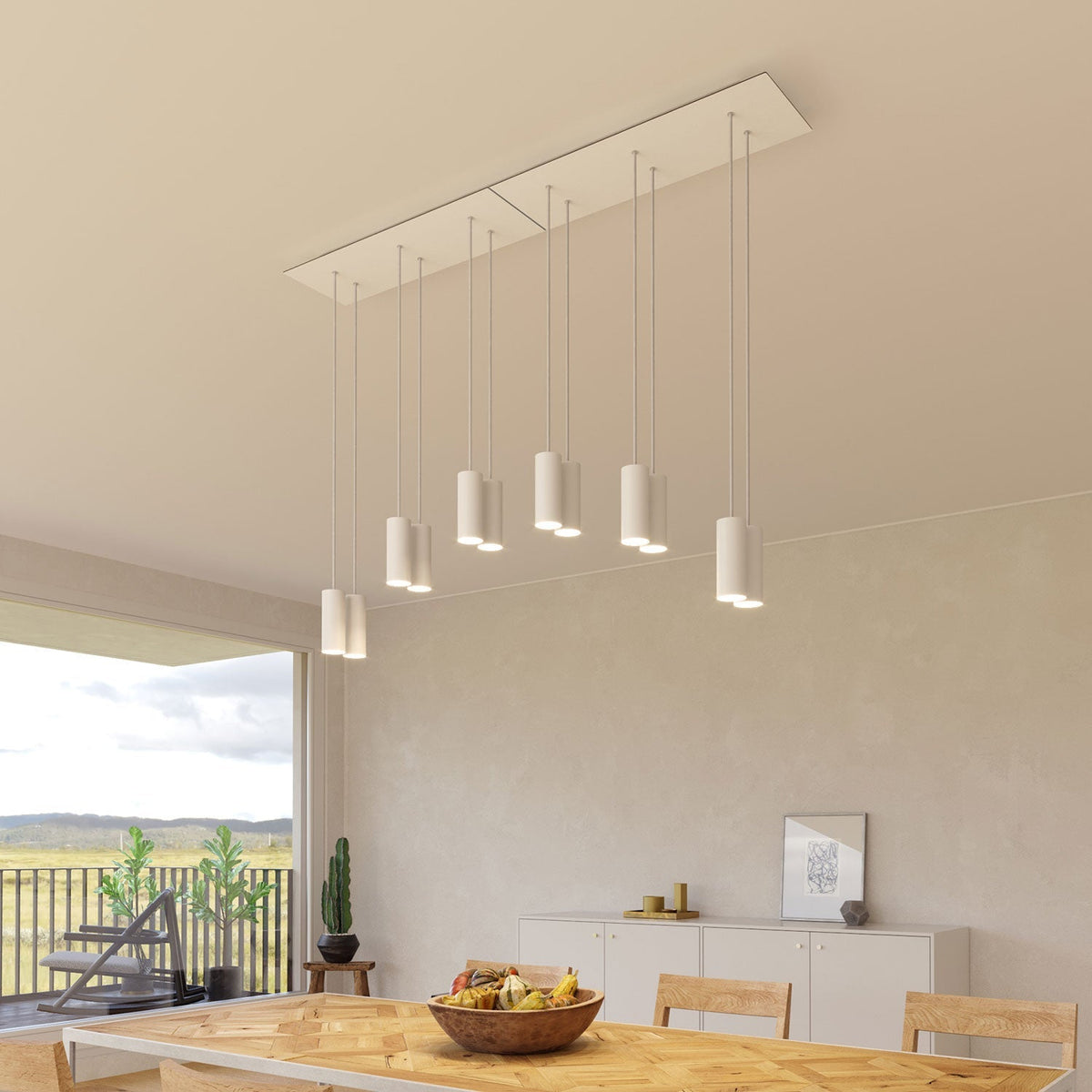 Pendelleuchte mit 6 Abgängen und XXL Rose-One Rechteck 675 mm mit Metall-Lampenschirm Tub-E14 – Mattweiß – Ansicht 2
