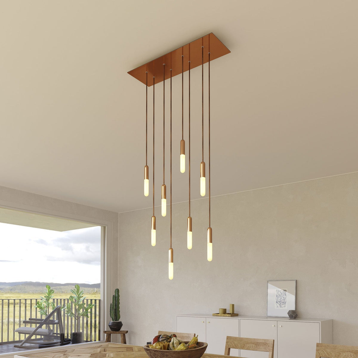 Pendelleuchte mit 8 Abhängungen und XXL Rose-One, rechteckig 675 mm, mit Metall-Finish – Satiniertes Kupfer – Ansicht 2